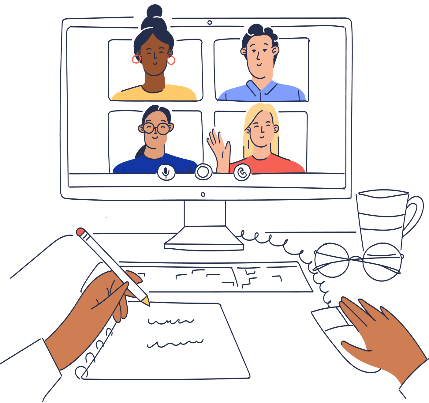 Illustration of a computer monitor displaying a conference video call.